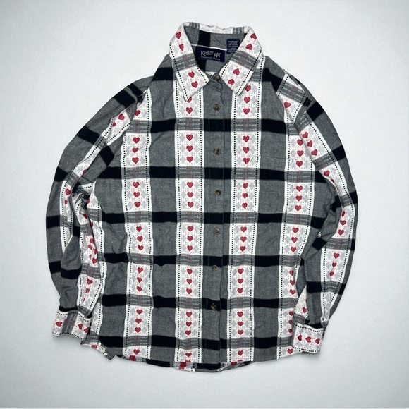 Vintage 90s Krazy Kat Heart Print Plaid Cottagecore Button Down Shirt Size M - Picture 2 of 8
